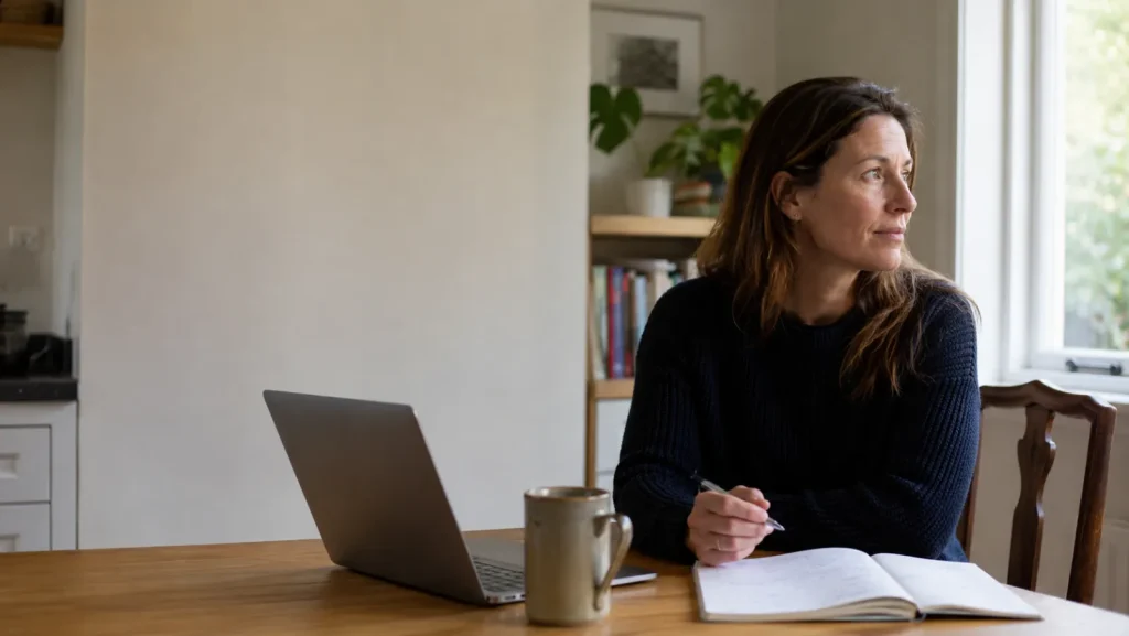 A woman in her early 40s studying at home while changing career