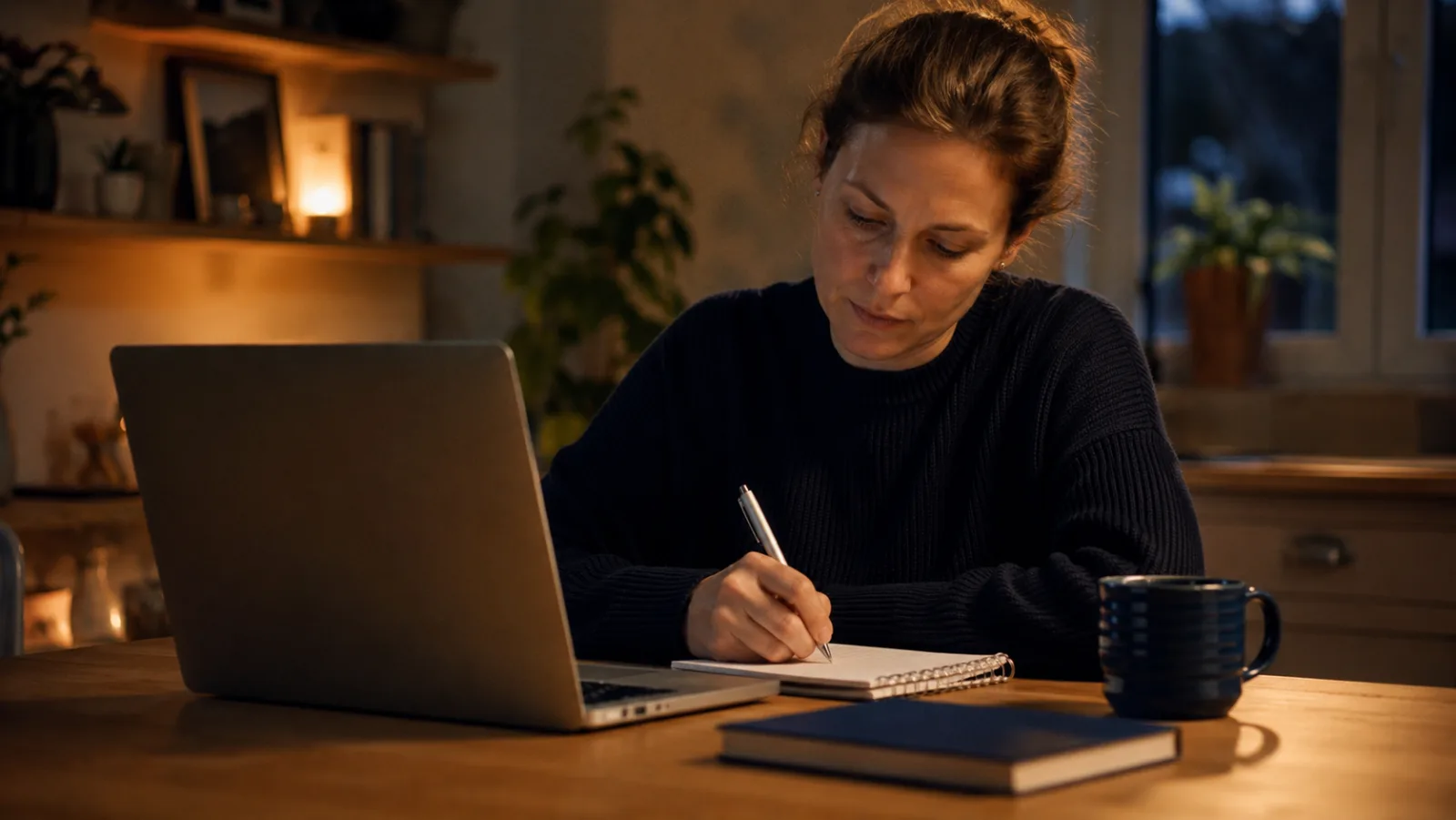 An adult studying at home in the evening while balancing work and a UK degree