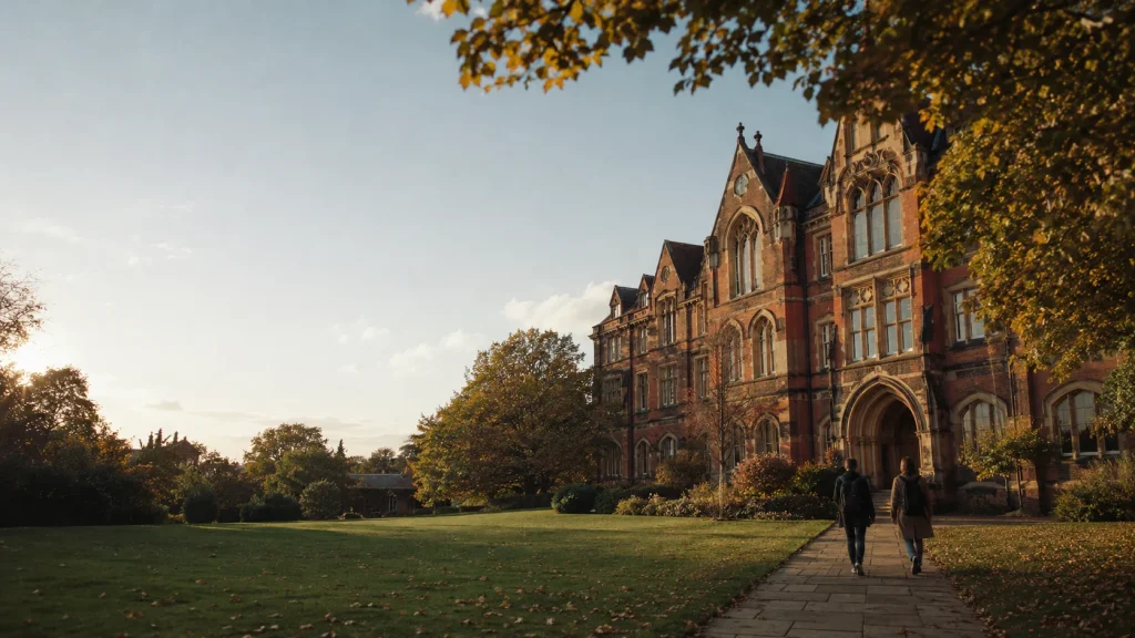 A red-brick British university campus at golden hour, with two adult students walking towards the entrance
