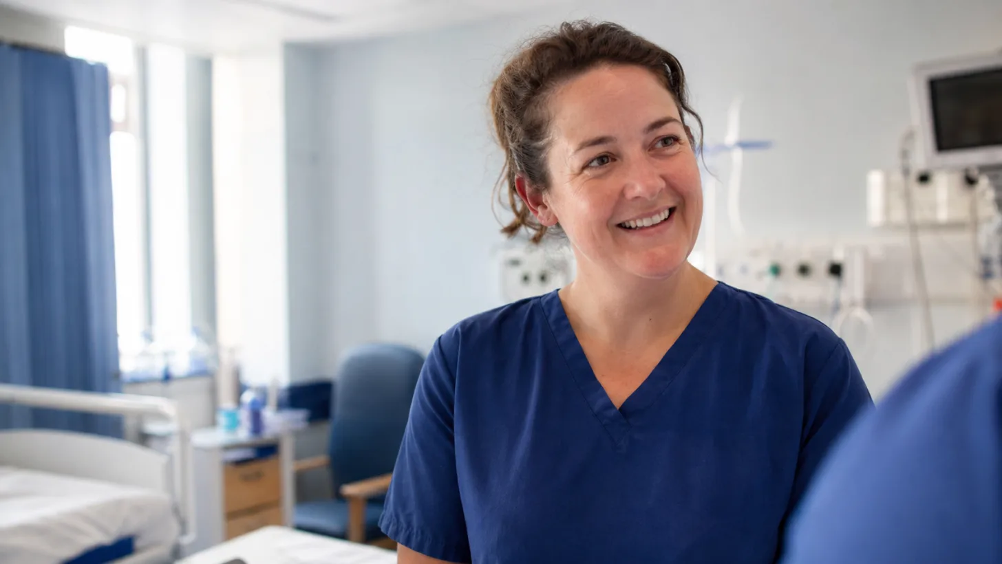 A nurse in her early 40s on a UK hospital ward