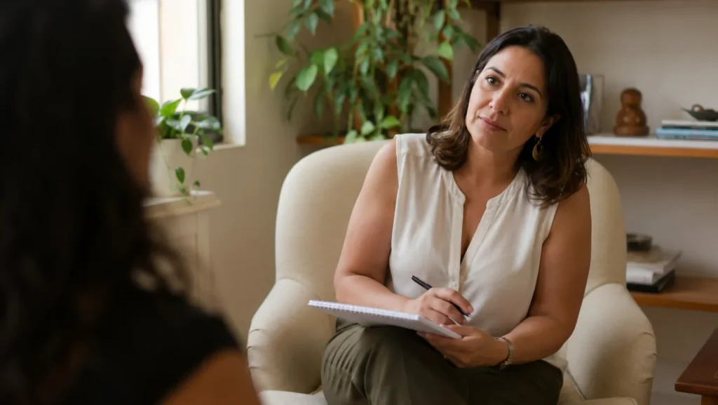 A psychologist in a warm consulting room during a therapy session, taking notes