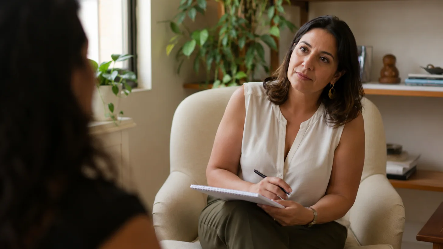 A psychologist in a warm consulting room during a therapy session, taking notes