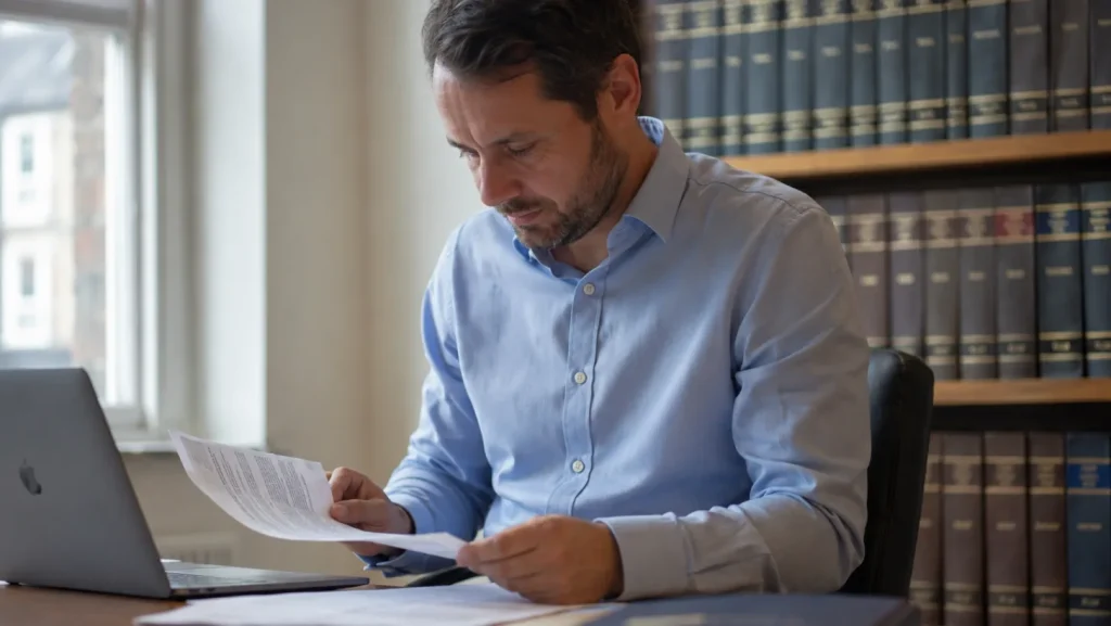 A man in his early 40s reviewing legal documents at a desk in a solicitor's office