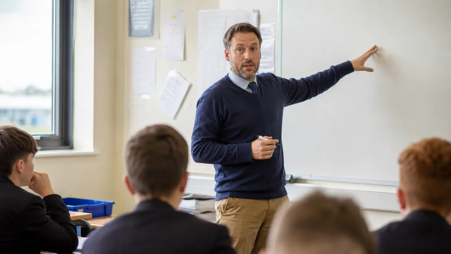 An adult career-changer teaching at the front of a UK classroom