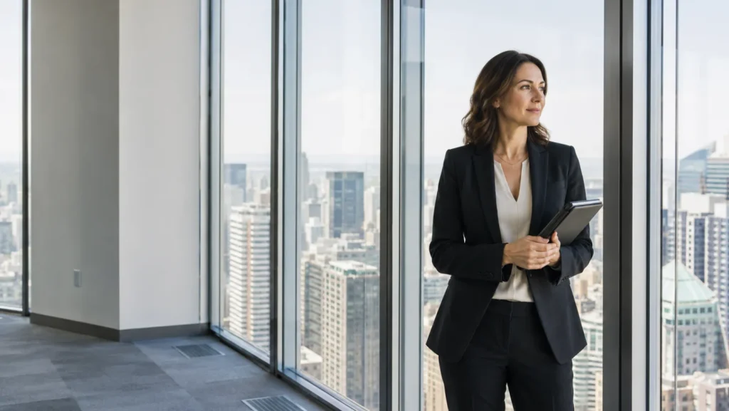 A woman in a suit in a modern glass-walled office with a city skyline behind her