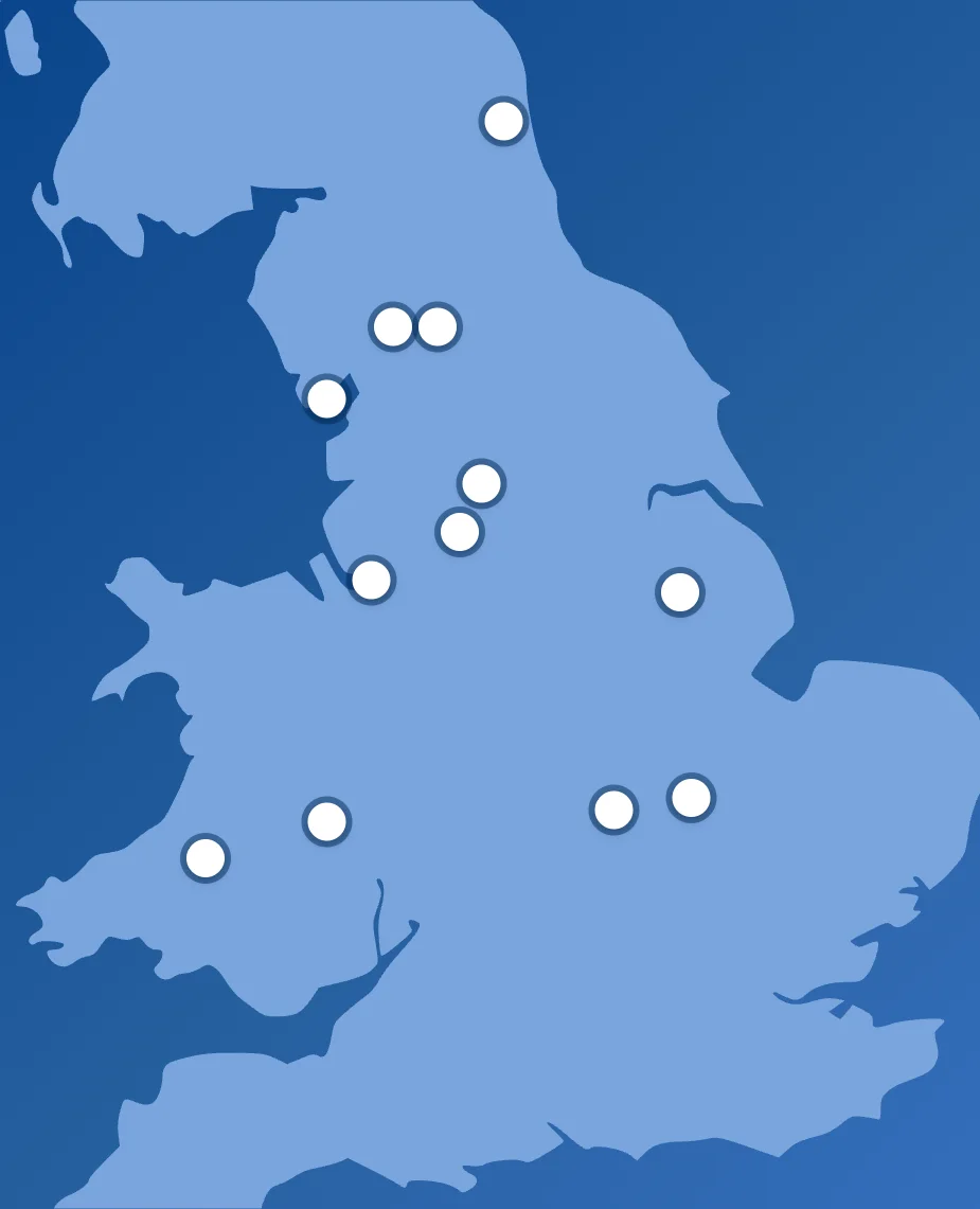 Map of England and Wales showing the cities where YoUni Mentor students study at partner universities