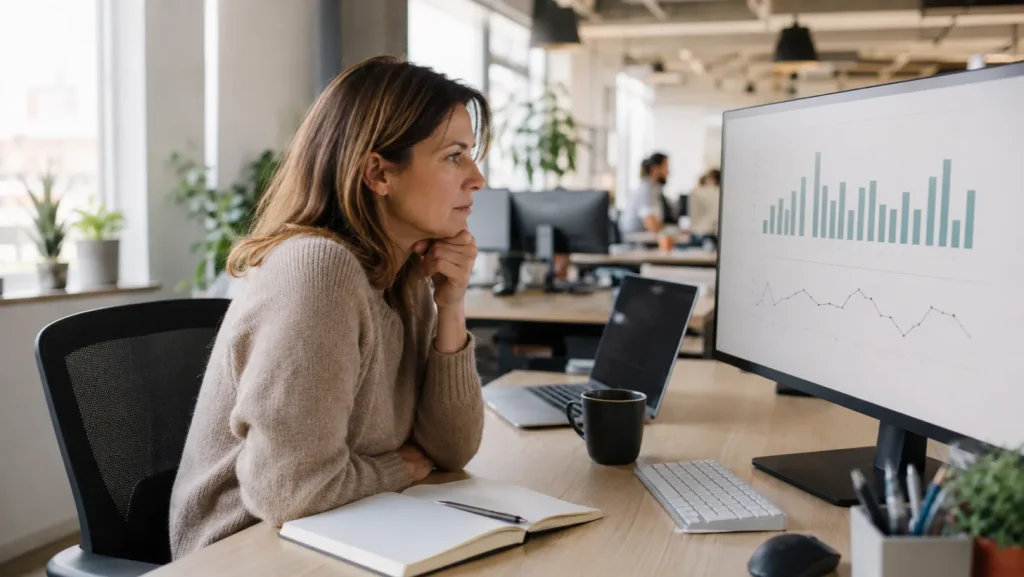 A woman in her late 30s reviewing a data dashboard on a monitor at an office desk