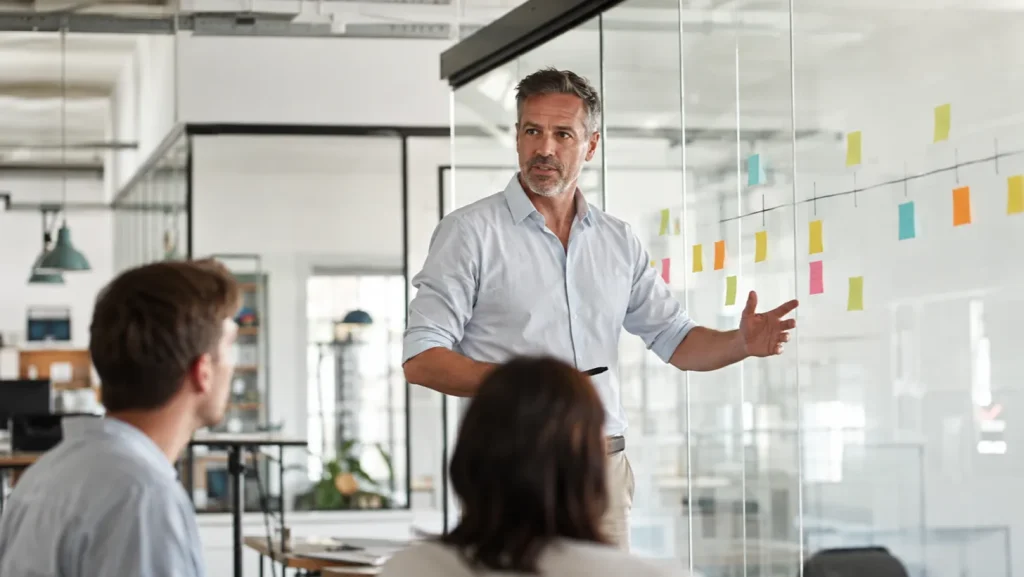 A man in his 40s standing at a project planning board with charts and sticky notes in an office