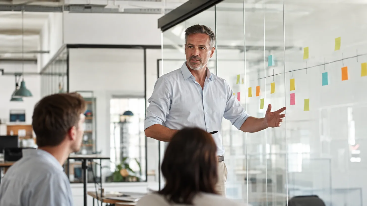 A man in his 40s standing at a project planning board with charts and sticky notes in an office