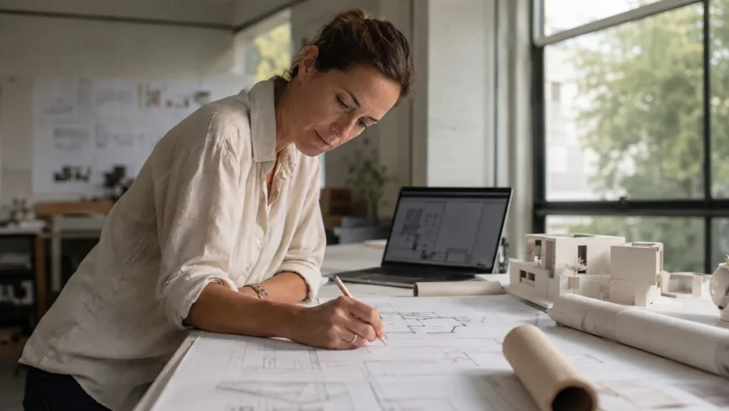 A woman in her 30s working on an architectural model at a studio desk with drawings