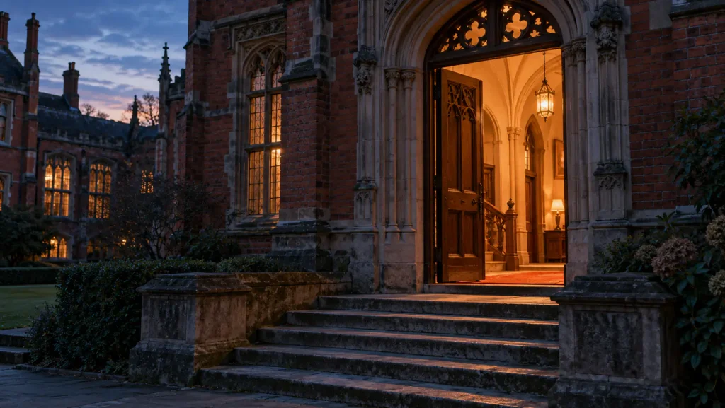 The open door of a university building at dusk, warm light spilling out onto worn stone steps leading up to it - the Certificate of Higher Education as the first year of a degree.